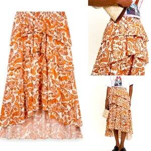 MAJE $345 Printed Orange Paisley Cotton Tiered Long Underskirt Skirt FR34 USXS